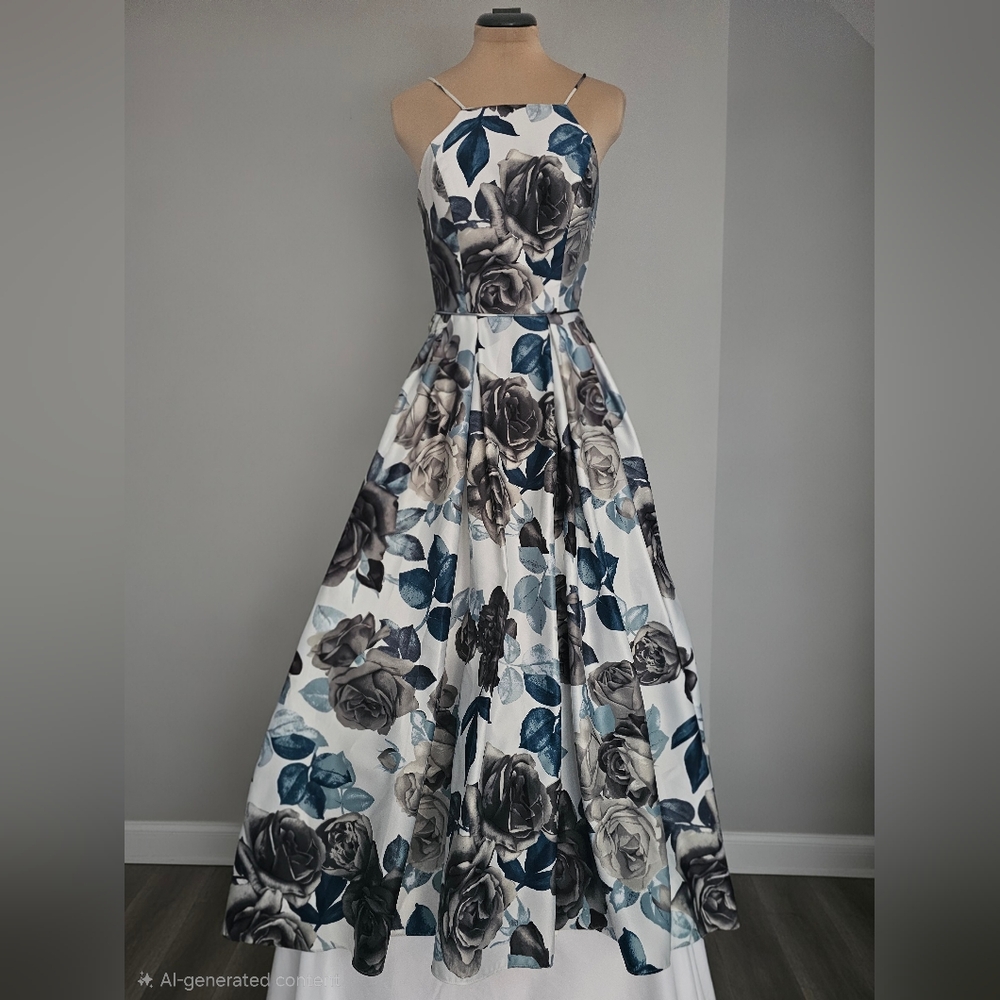 Betsy & Adam Elegant Bouffant Gown With Black, Blue, & Grey Roses Sz 4